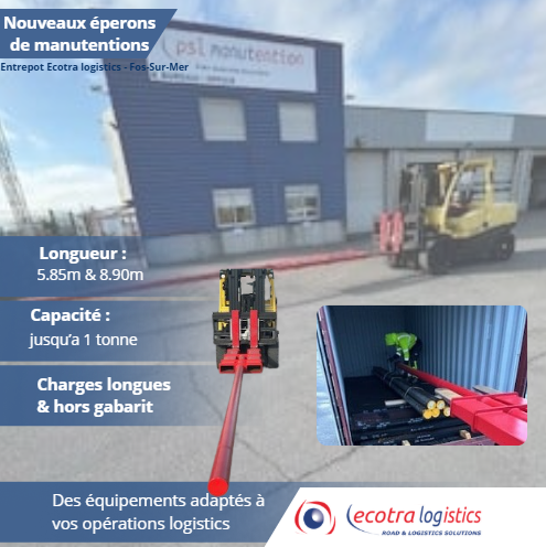 Installation de nouveaux éperons sur nos chariots de manutention sur notre entrepôt de Fos-sur-Mer