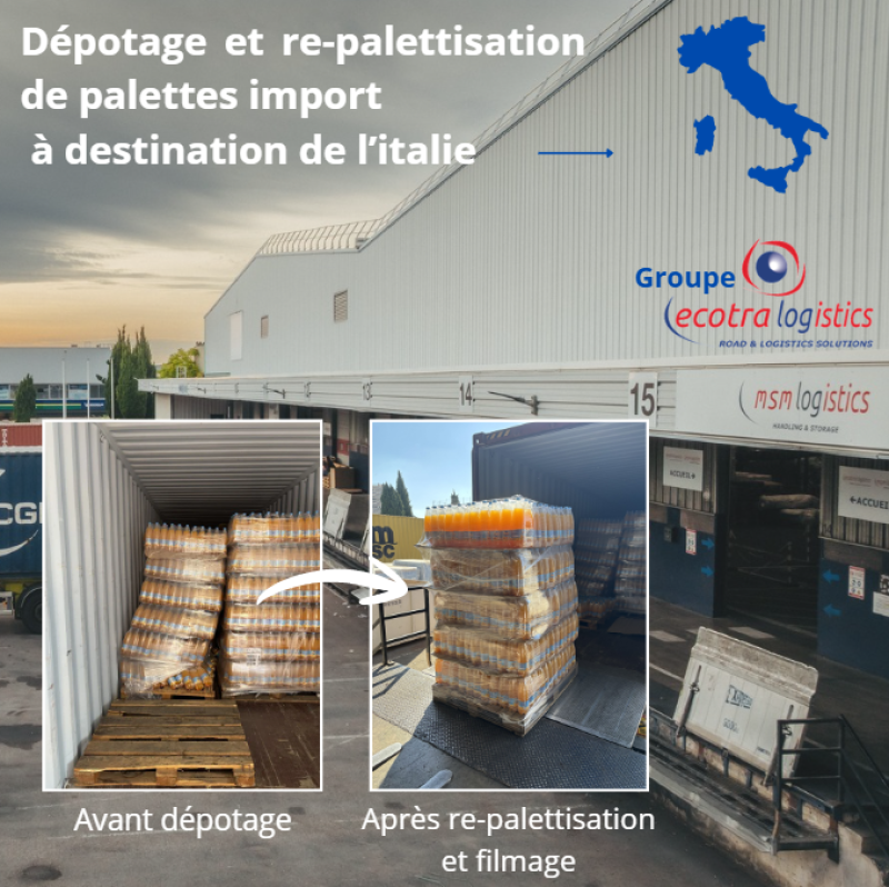 Dépotage et re-palettisation de palettes import à destination de l’Italie :Entrepôt à Marseille